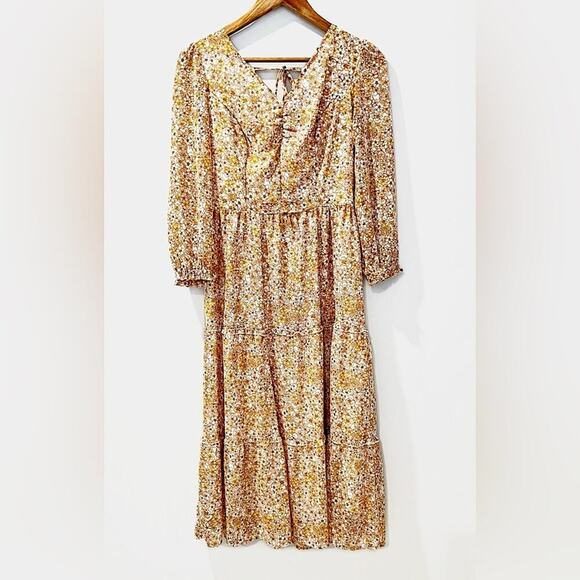 Sincerely Jules Floral Print Ruffled Midi Dress Yellow Gold Size Medium EUC - Picture 1 of 9